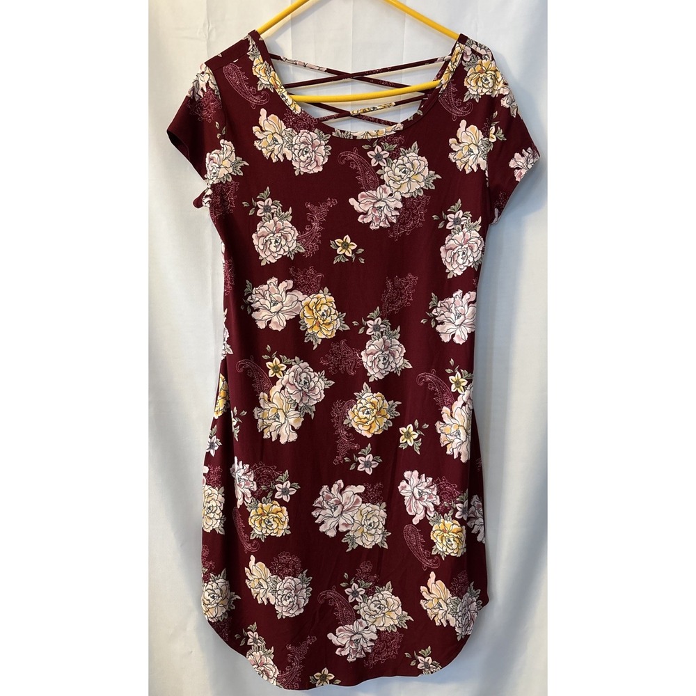 NWOT Women's XL Burgundy‎ Floral Soft Tee Dress Above Knee Round Neck Stretch